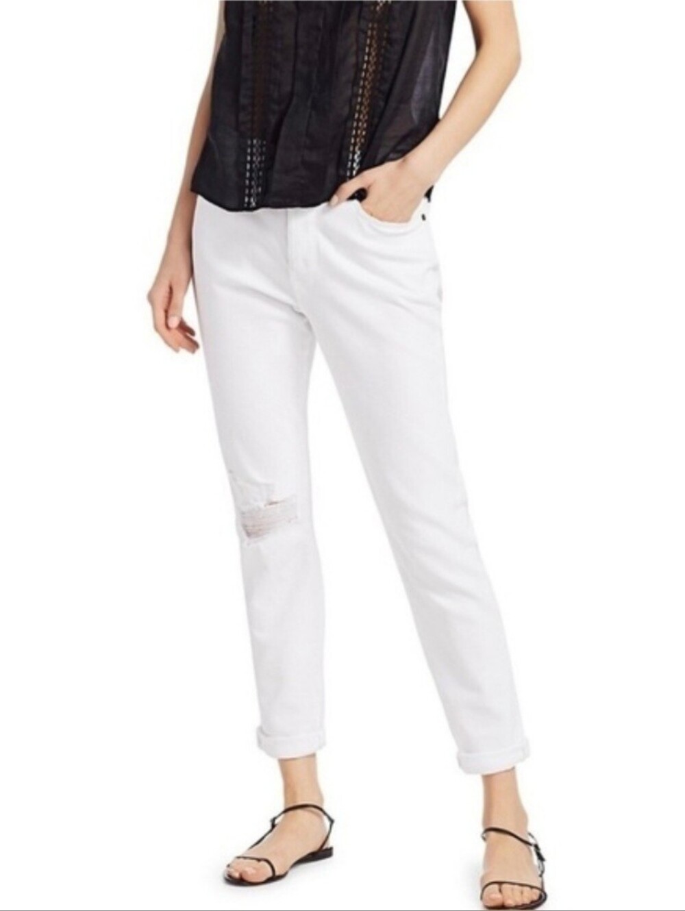 NEW Frame Women’s Le Beau‎ High Rise Boyfriend Distressed Jeans White Size 25